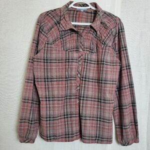 Jessica Button-Down Plaid Shirt Red Black Cotton Western Country Shirred Yoke